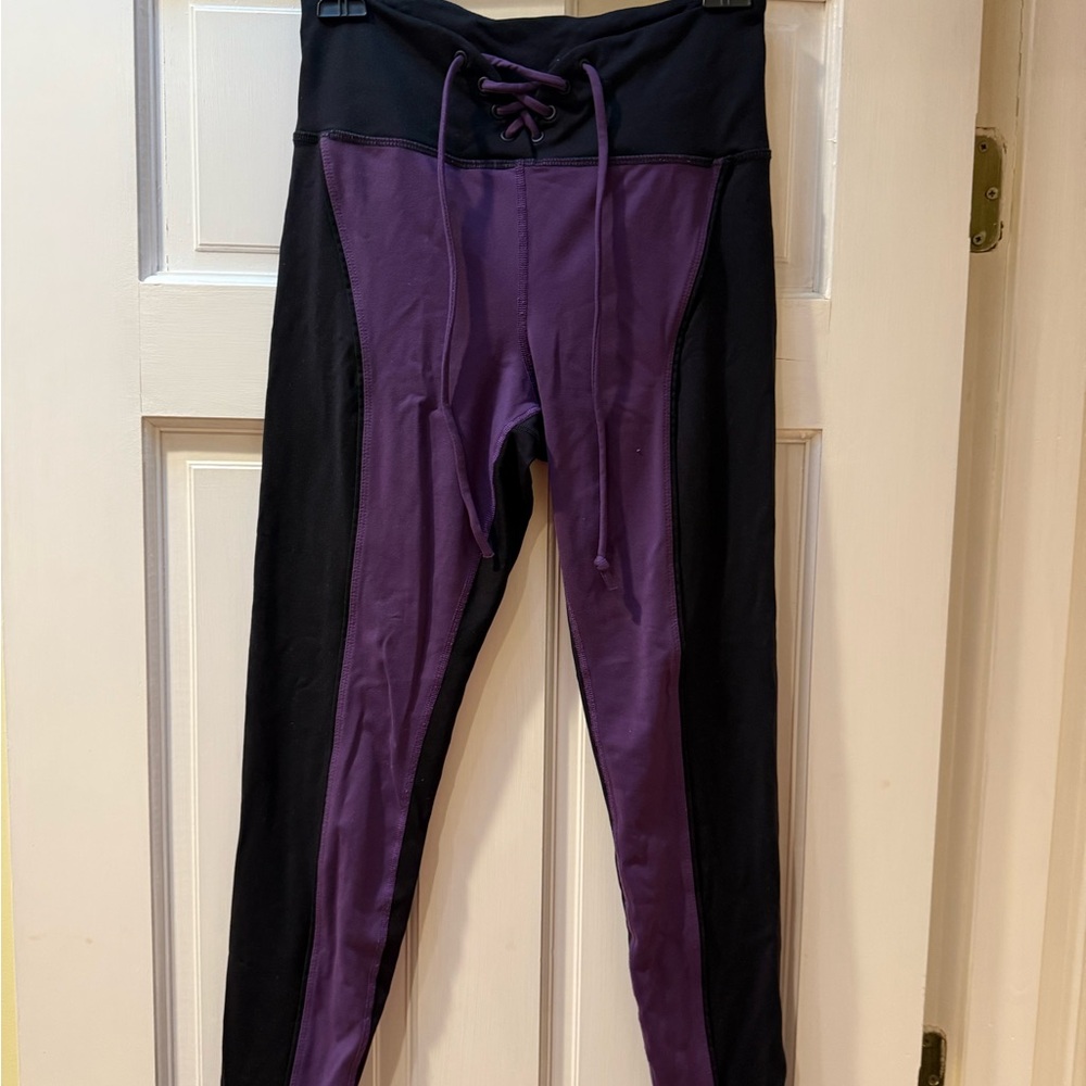 Purple and Black Lace-Up Leggings purple and black front, black back